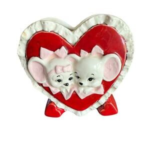Vintage Ceramic Heart Napkin White Mice Mouse Vase Red Pink White 4.5” Planter